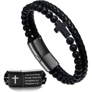 Mens Black Leather Cross Bracelet Adjustable Braided Cuff Christian Religious Gi